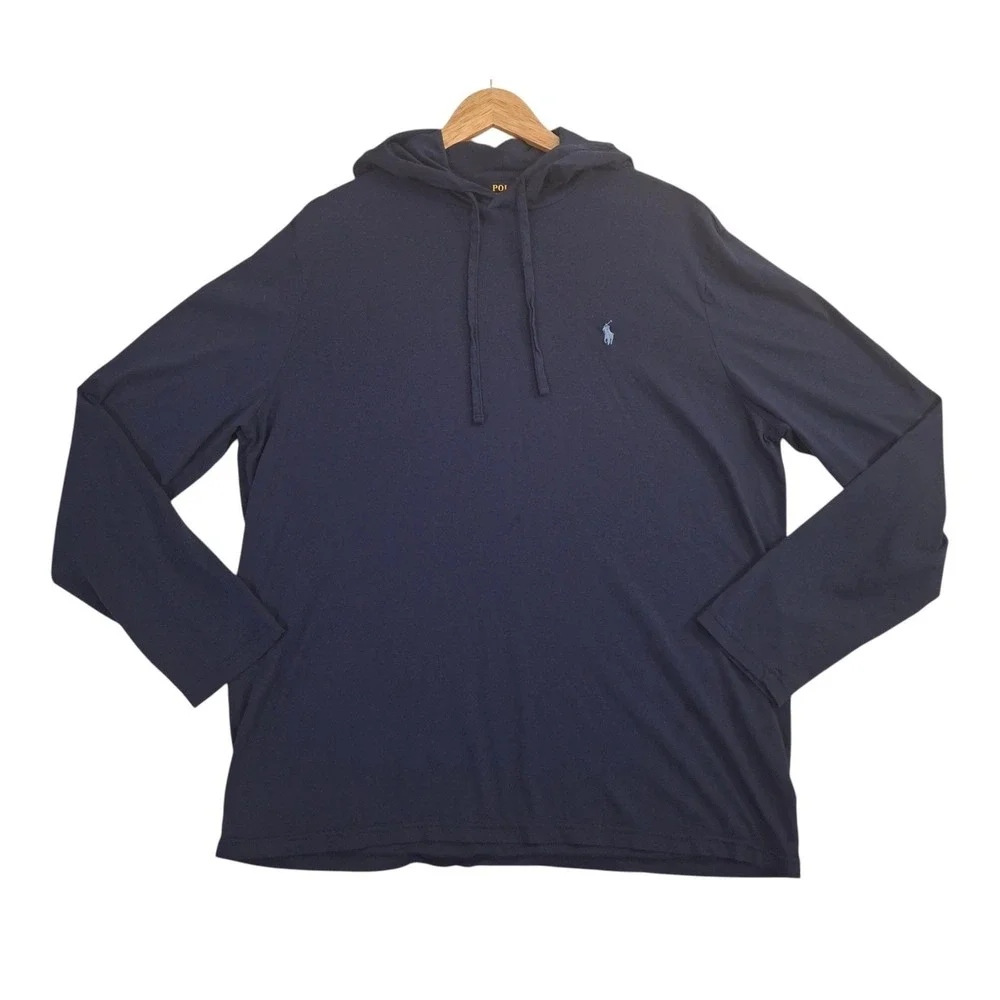 Polo Ralph Lauren Mens XL Navy Blue Cotton Long Sleeve Hooded T-Shirt Pony Logo
